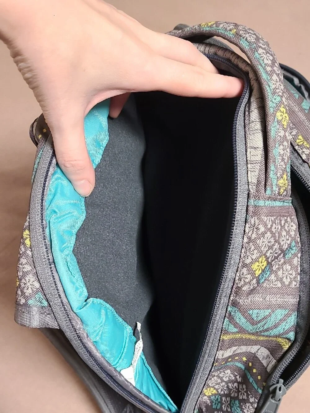 Gray Patterned Backpack with Aqua & Yellow Accents